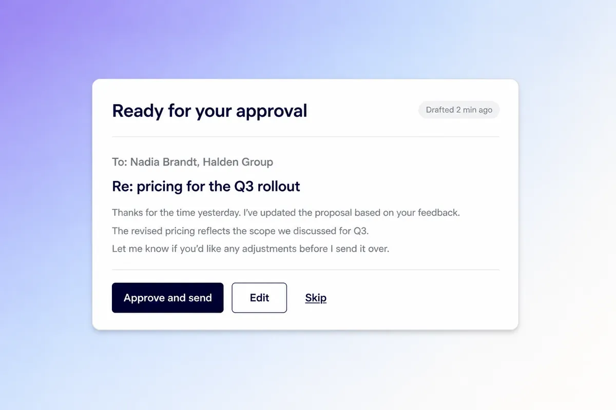 Demi's approval card for a drafted reply to Nadia Brandt confirming tiered pricing, with Approve and send, Edit and Skip.