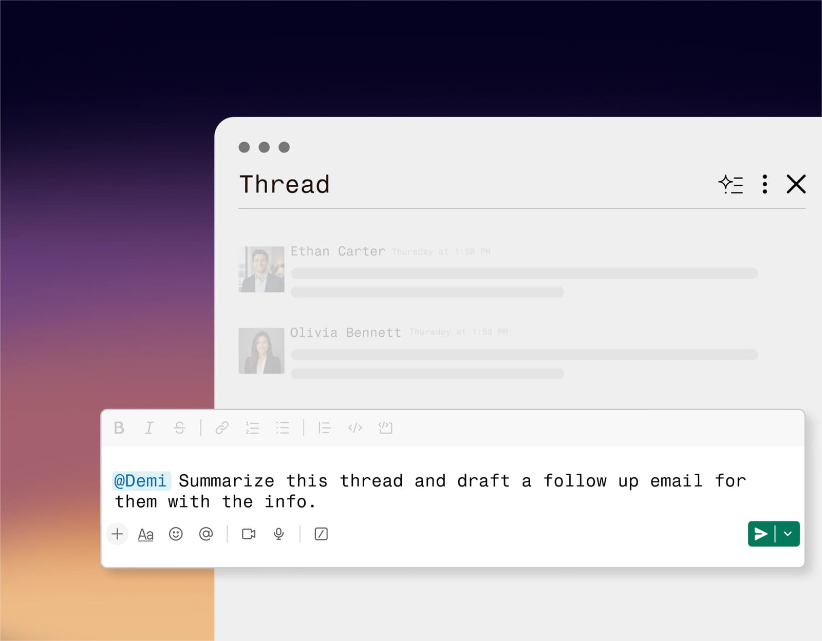 A Slack thread with @Demi mentioned in the composer, asked to summarise the thread and draft a follow-up email with the information in it.