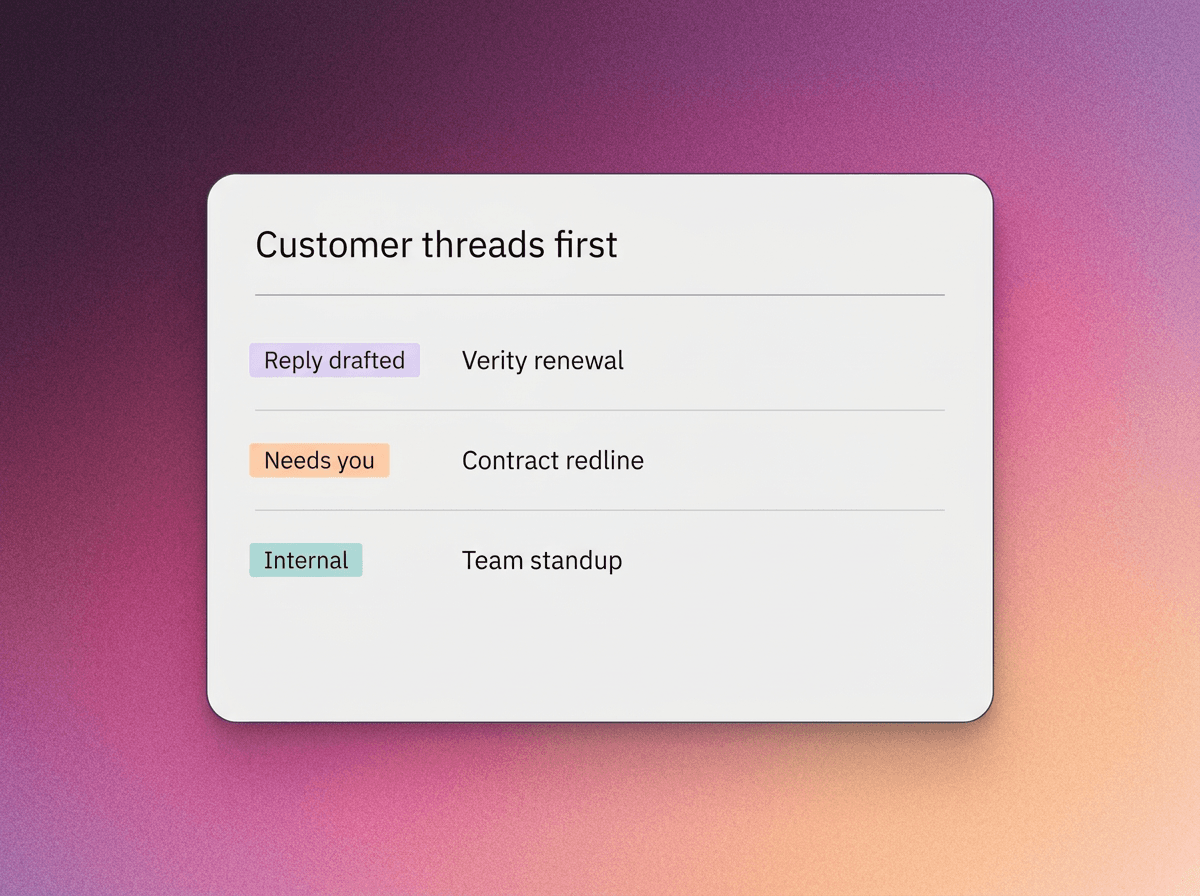 Demi ordering Outlook by what matters: a drafted reply on the Verity renewal, a contract redline needing you, and an internal standup marked internal.