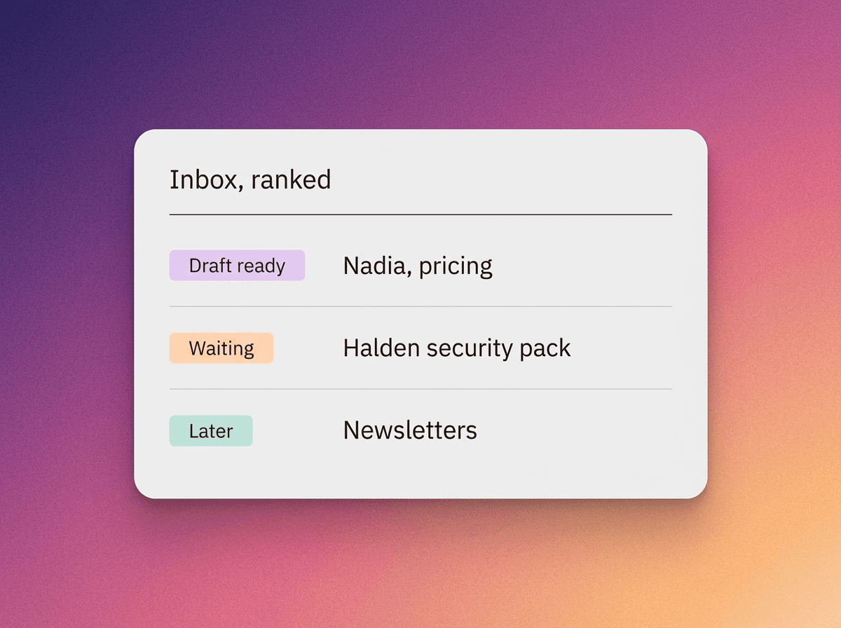 Demi's ranked inbox: a draft ready for Nadia on pricing, a thread waiting on the Halden security pack, and newsletters pushed to later.
