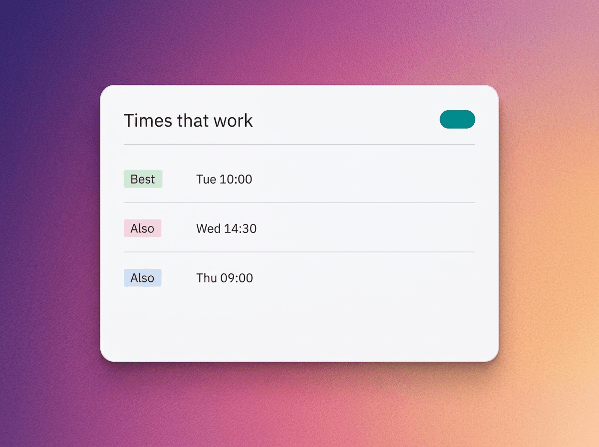 Demi proposing three meeting times against real availability: Tuesday at ten as the best option, Wednesday at half past two and Thursday at nine as alternatives.