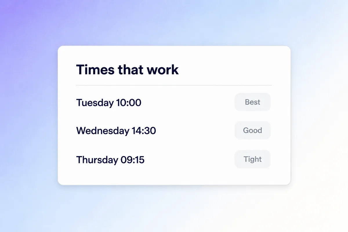 Demi proposing three meeting times against real availability: Tuesday at ten as the best option, Wednesday at half past two and Thursday at nine as alternatives.